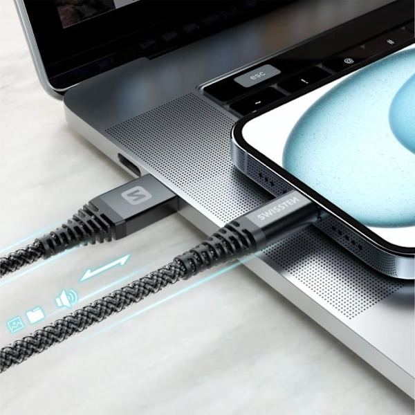 USB C -kaapeli - SWISSTEN - 1,5 m - 60 W Pikalataus - Aramidikuitu - Sotkeutumaton Svart