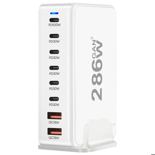 Ladestation - AVIZAR - 286W GaN 3 - 6x USB-C - 2x USB - EU stik Hvid Vit