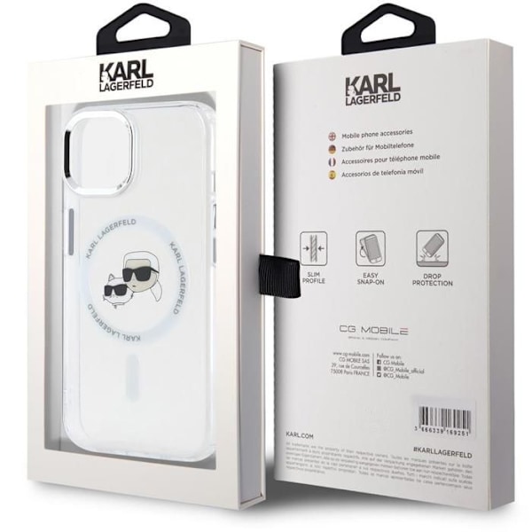 Coque för iPhone 15 - Karl Lagerfeld IML MagSafe (KLHMP15SHLSKCH) - Têtes Karl&Choupette i vit metall vit