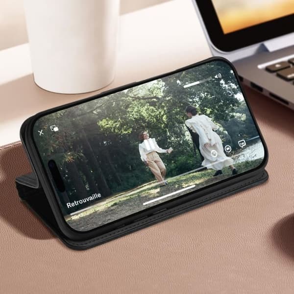 Smartphoneetui - AVIZAR - iPhone 16 Pro Max - Vegansk læder - Video holder - Sort Svart