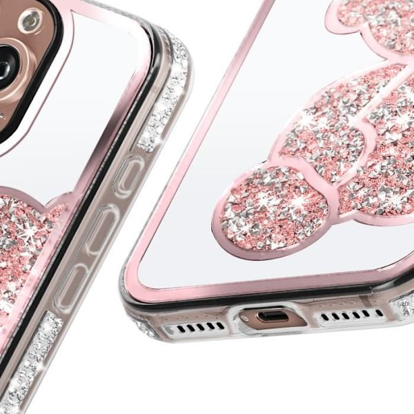 iPhone 16 Pro Max etui - AVIZAR - Glitter Teddy Bear Design - Shiny Rhinestone Outline - Pink Rosa