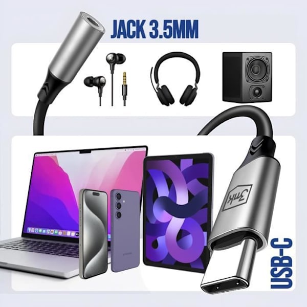 USB C - 3,5 mm Jack Audio Adapteri Korkea äänenlaatu Kompakti 3mk musta - hopea