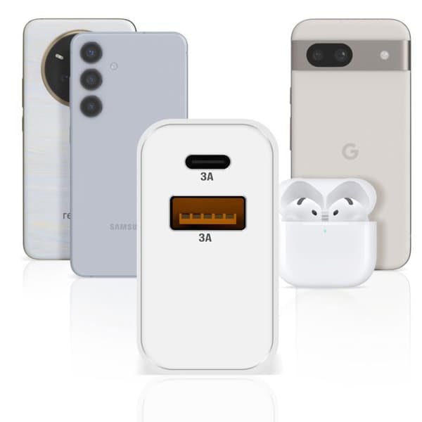 Nätadapter - Akashi - USB-C + USB - 15W - Snabbladdning - Kompakt Vit