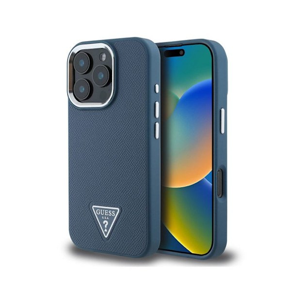 iPhone 16 Pro - Raskinapaina texture ja sininen Guess kolmio-logo Blå