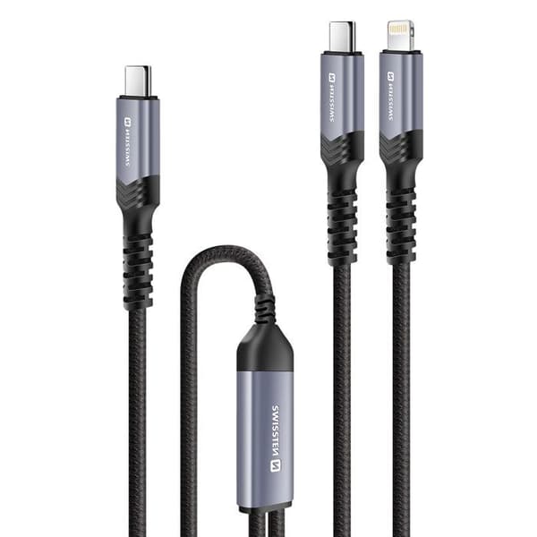 2-i-1 kabel - SWISSTEN - USB-C til Lightning - Hurtig opladning 100W - 1,5m - Sort
