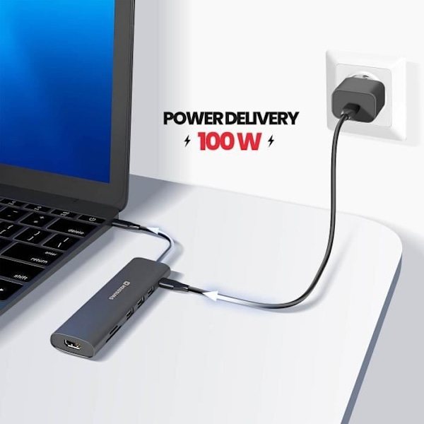 USB-C hub til USB-C 100W + HDMI + USB + SD / micro-SD kortlæser Swissten Sort Svart