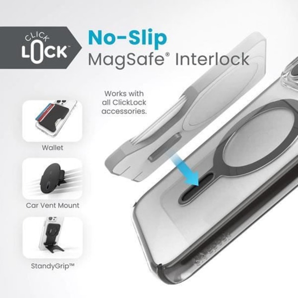 Speck Presidio Click-Lock kotelo iPhone 15 Pro Max:lle kirkas/musta