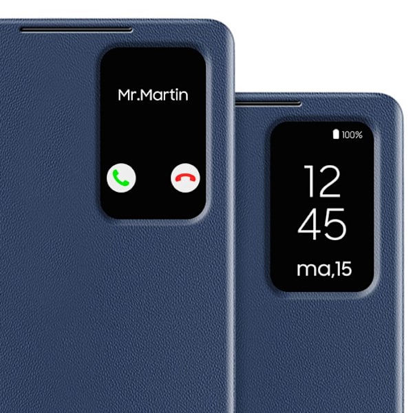 Skinnfodral för Galaxy S25 Ultra med fönster och kortfack i midnattsblå Blå