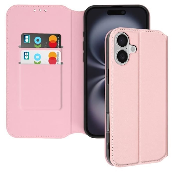 iPhone 16 -kotelo, jossa on korttipidike ja videotuki, roosa shamppanja Rosa