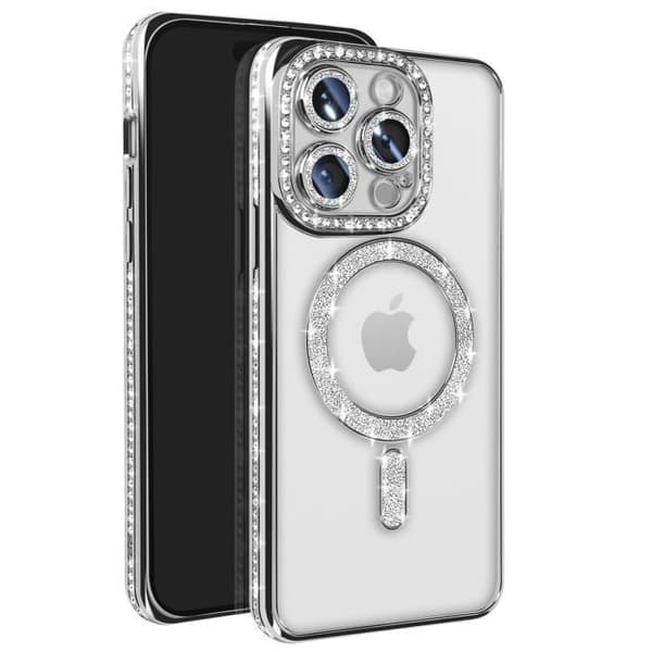 Coque - Diamant - iPhone 14 Pro - Strass Sølv - Modstandsdygtig - Kompatibel med MagSafe - Elegant Grå