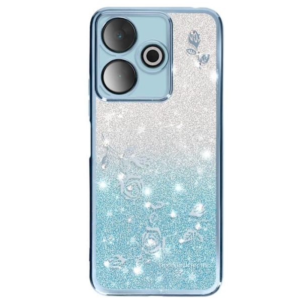 Silikonetui til Xiaomi Redmi 13 glitterblomster og lyseblå rhinsten Blå