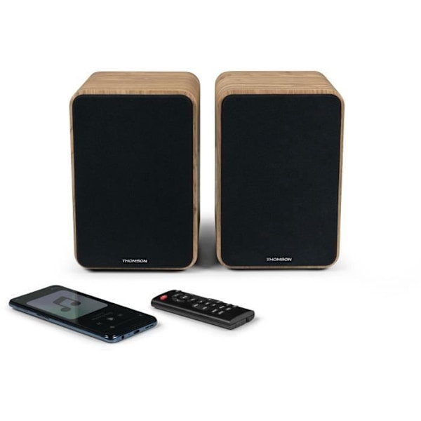 THOMSON WS602DUO - 2 kaiuttimen setti puulaatikolla - 100 W - Bluetooth 5.0 - 2 RCA-lähtöä - Vaaleaa puuta Brunt och svart
