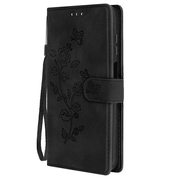 Kotelo Samsung Galaxy A15 5G Flower Wallet -lompakolle mustalla rannehihnalla