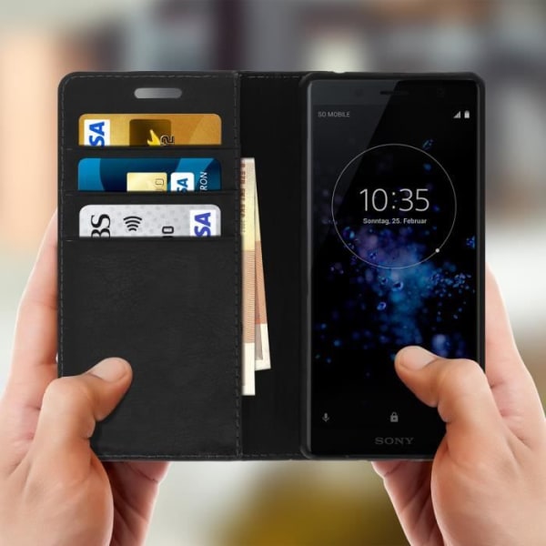 Etui - AVIZAR - Sony Xperia XZ2 Compact - Ægte læder - Sort - Videostativ svart