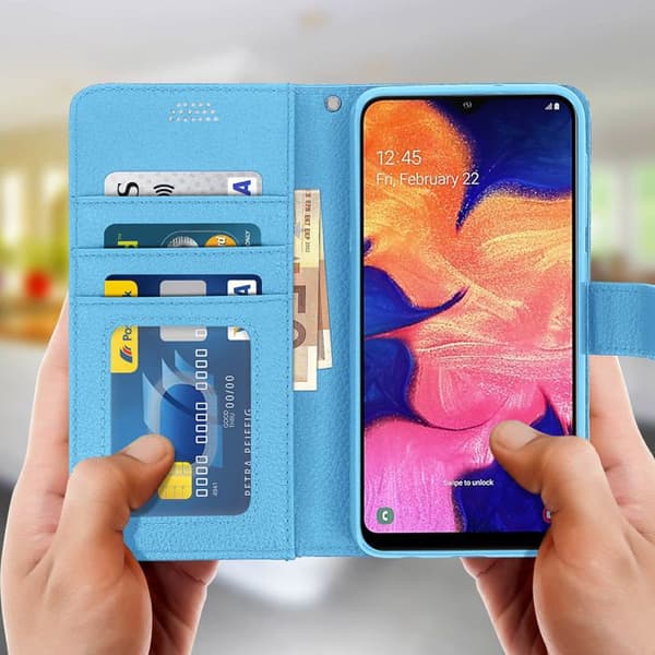 Tasker til smartphone - AVIZAR - Samsung Galaxy A10 - Øko-læder - Video støtte - Magnetisk Blå