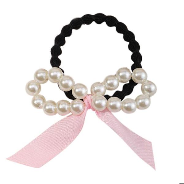 Satin Perle Subtil Rosa Hår Elastik med Sløjfe Ros