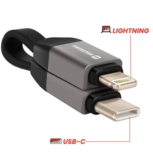 Cobalt Magnetisk iPhone Lightning / USB-C Nyckelring Kompakt 9.7cm Swissten Grå Grå
