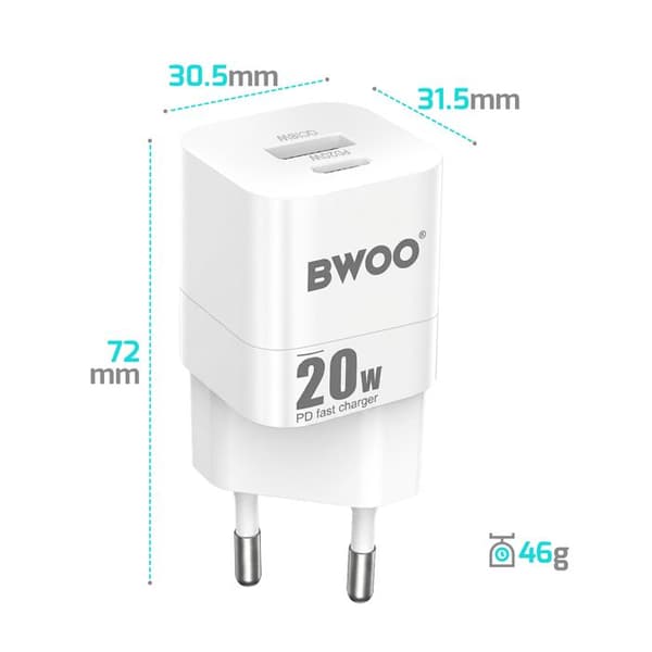 Snabb Universal Väggladdare Dubbel USB-C och USB 20W Bwoo Vit Vit