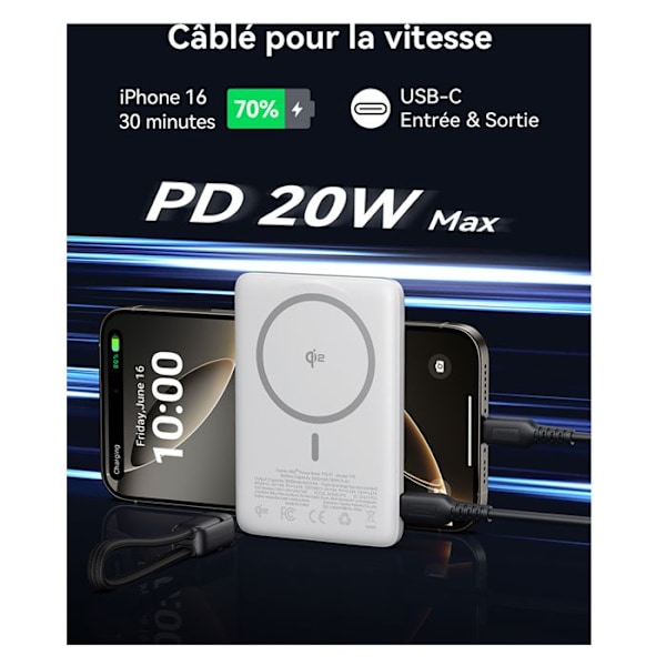 Magnettinen Powerbank 5000mAh iPhone MagPro USB-C Ultra Nopea Iniu Valkoinen Vit