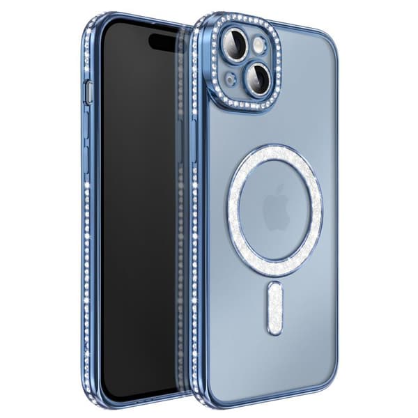 iPhone 15 Plus-fodral kompatibelt med MagSafe med blå strasskant Blå