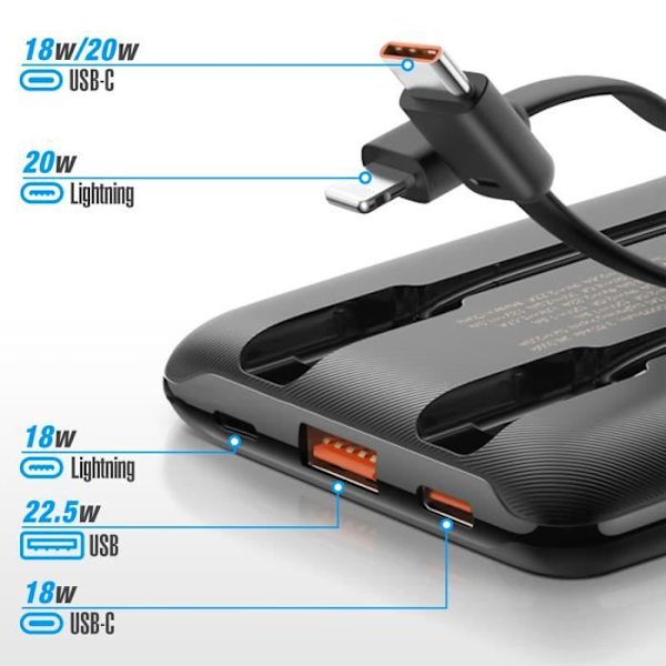 Extern laddare - VEGER - C11 - 10000mAh - USB 22,5W - USB C och Lightning-kablar 20W Svart