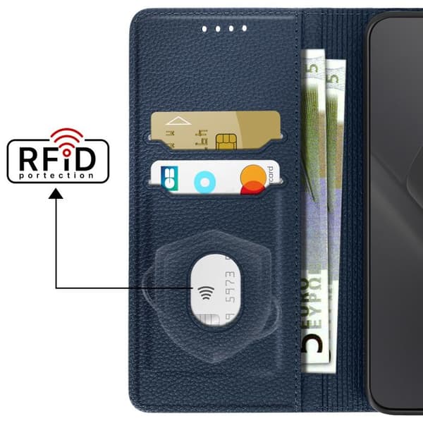 Poco X8 Pro Max -lompakkokotelo, litchi-tekstuuri, RFID-estolla, yönsininen Blå