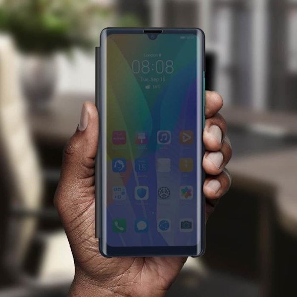 Housse - AVIZAR - Huawei Y6p - Läpinäkyvä - Peili Design - Video Tuki Svart