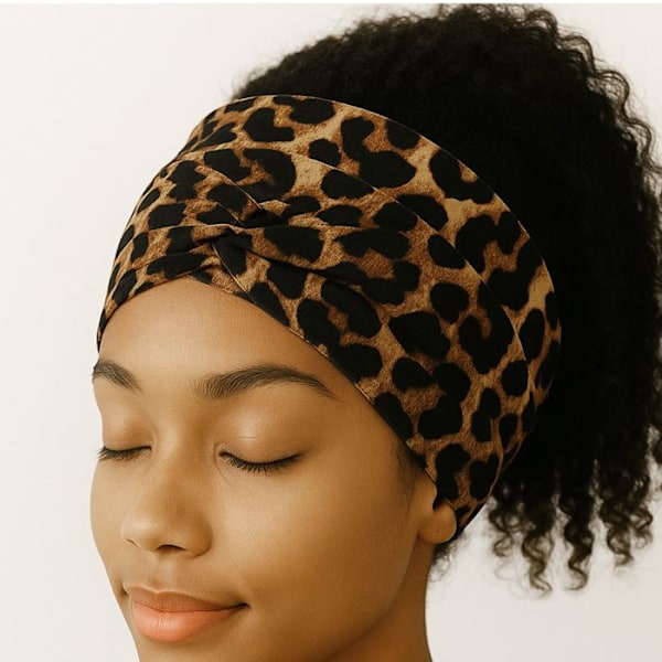 Bandeau Turban til Hår i Blødt Trykt Leopardprint, Fino Kaffe Brun kastanj
