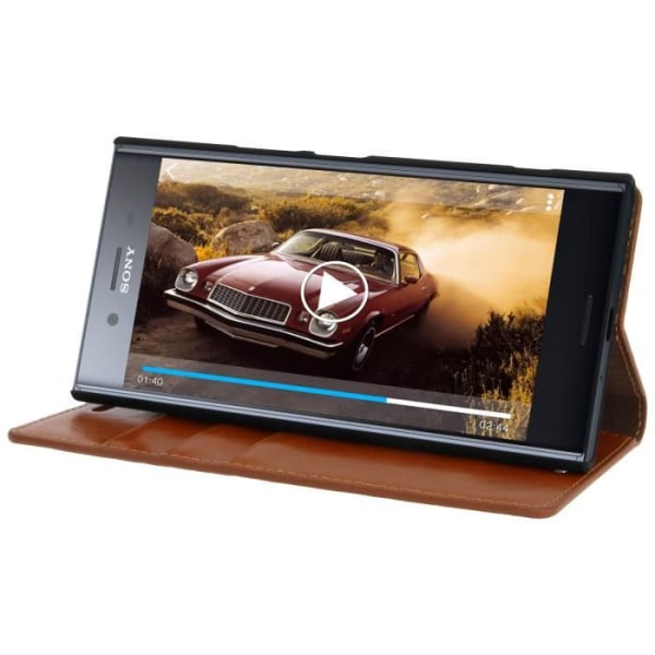 Etui Portefeuille - AVIZAR - Xperia XZ Premium - Camel Læder - 3 Kortfag - Standfunktion Kamel