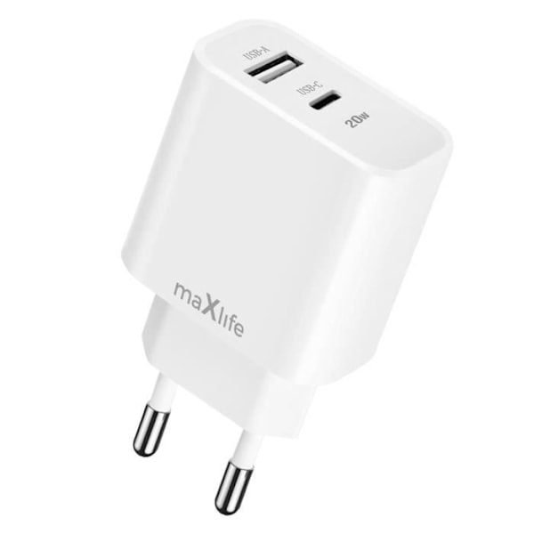 Lader med dobbel USB-port og USB C Power Delivery 20W Maxlife Hvid Vit