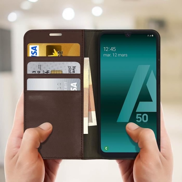 Etui för Samsung Galaxy A50 - AVIZAR - Folio Läderfodral - Videostöd - Brun - Heltäckande Skydd kastanj