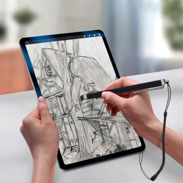 Touch screen stylus - AKASHI - Gummispids - Udtrækkelig håndledsrem - Sort Svart