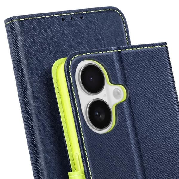 iPhone 16-etui - Fancy - Saffiano-læder - Mørkeblå - Fuld beskyttelse - Støttefunktion Blå