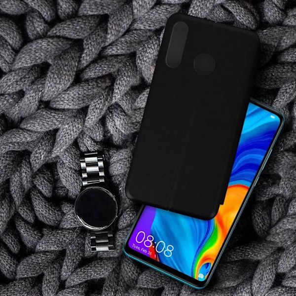 Etui - AVIZAR - P30 Lite/P30 Lite XL - Syntetläder Svart - Kortfack - Videoställning Svart