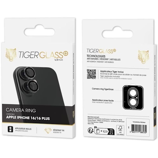 Accessoire - TIGER - Gennemsigtig Kamera Ringe - Hærdet Glas - iPhone 16/16 Plus - Kradsbestandig Gennemsigtig