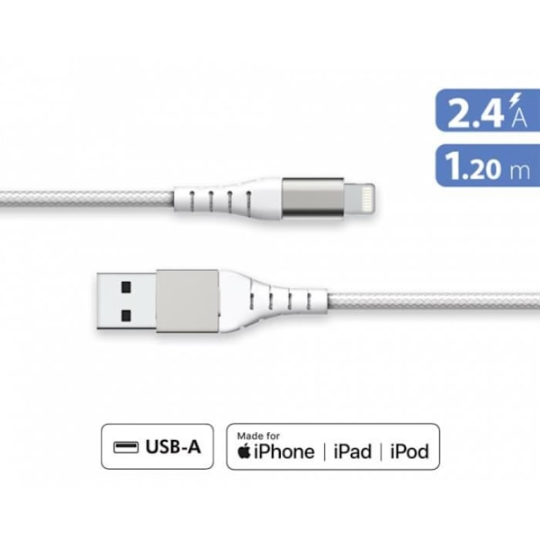 Förstärkt USB A/Lightning-kabel 1,2m 2,4A Livstidsgaranti Vit - 100 % återvunnen plast Force Power Lite