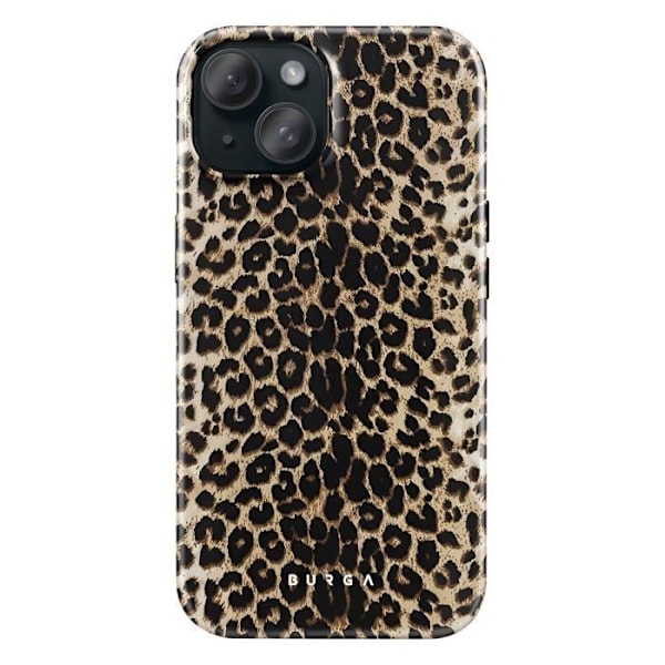 Jäykkyydeltään kestävä iPhone 15 -kuori, leopardikuosi, elegantti, nostetut reunat, Burga musta Svart