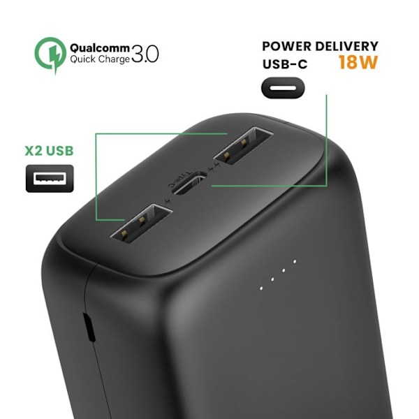 Eksternbatteri 30000 mAh 2x USB-porte og 1x USB-C 18W Kompakt Akashi Sort Svart