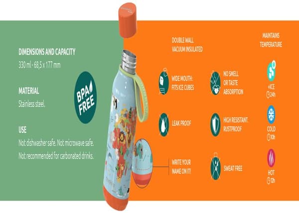 Vandflaske - Quokka - Solid Kids - 330 ml - Rustfrit stål - Zebras Zebraer
