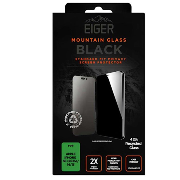 Hærdet Glas - EIGER - iPhone 13/14/SE/16e - Antispion - Sort - 2.5D Svart