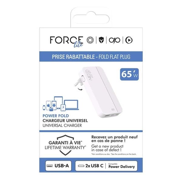 Strømadapter - FORCE POWER - Force Power Lite - 65W - USB-A + 2 USB-C - Fleksibel GaN Hvid Vit