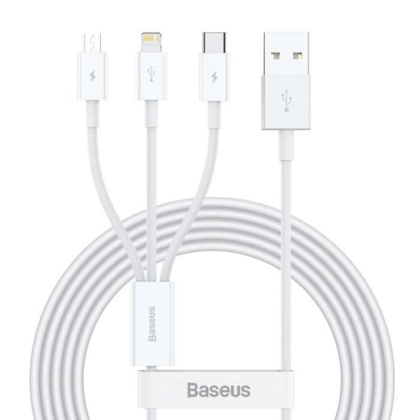 3 in 1 USB Lightning, USB-C ja Micro USB kaapeli 2.5A 15 metriä Baseus White