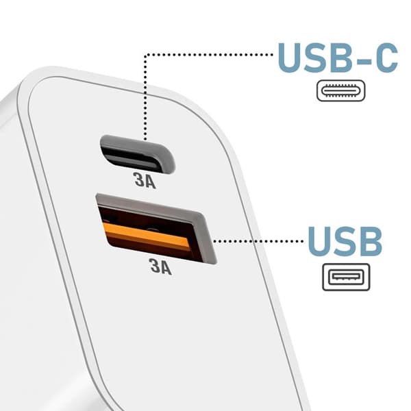 Strømadapter - Akashi - USB-C + USB - 15W - Hurtigopladning - Kompakt Vit