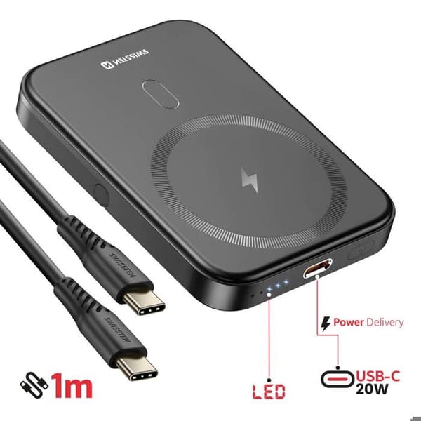 Pack MagSafe iPhone 13 Mini med Bi-materiale Cover og Powerbank 5000 mAh Swissten Transparent Vit