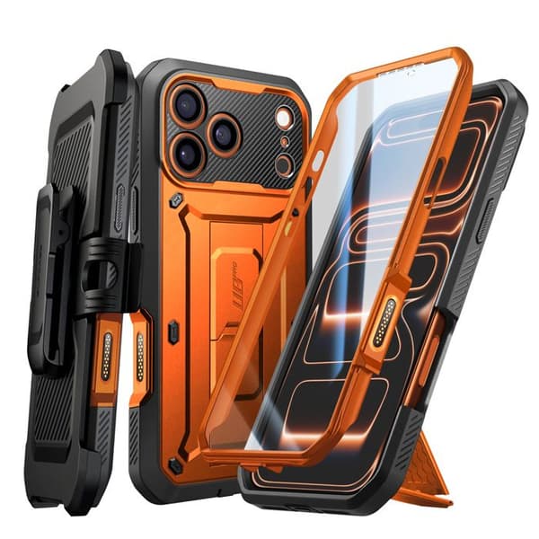 Helcase - SUPCASE - iPhone 17 Pro - Beskyttelse 6m - Indbygget Stativ - Skridsikker Apelsin
