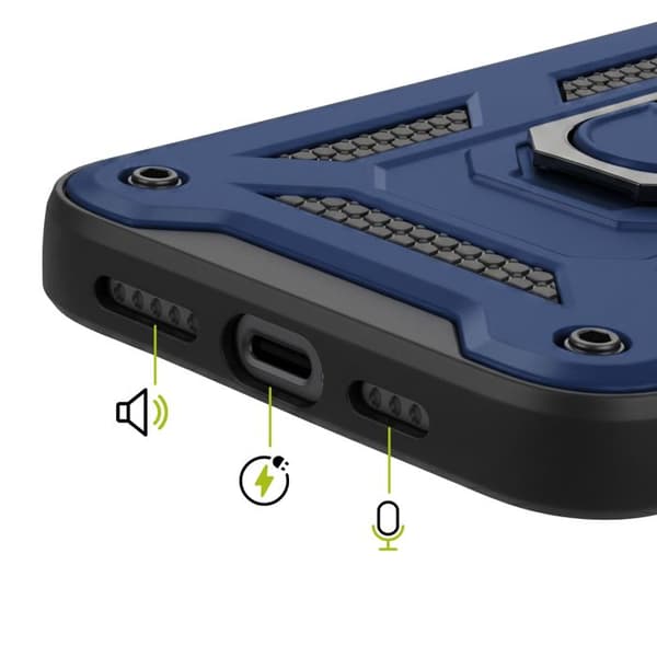 Cover til iPhone 15 Pro Max med roterende magnetisk ring og skydelåg til kamera Mayaxess Mørkeblå Blå