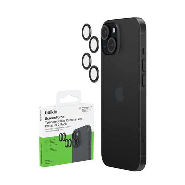 Skyddande objektiv - Belkin - ScreenForce - iPhone 15/15 Plus - Härdat glas - Packomslag av 2