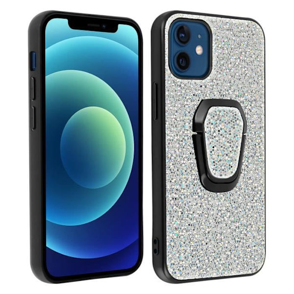 Coque iPhone 12 Mini - AVIZAR - Paillettée - Bi-matière - Argent Gris - Bague de maintien Silvergrå