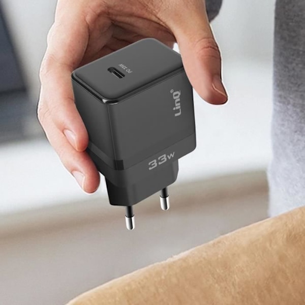 USB-C Power Delivery 33W Vægoplader - LINQ - Sort - Kompakt - Hurtig - Power Delivery Svart