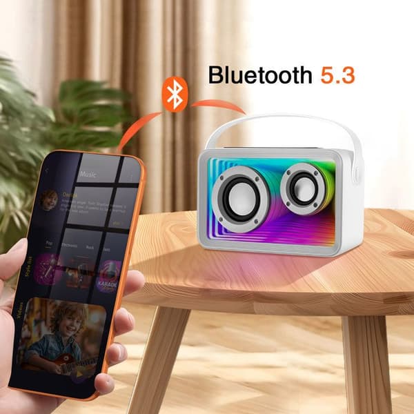 Bluetooth Karaoke Højttaler - AVIZAR - Til Børn - 2 Mikrofoner - RGB LED Lys - Batteritid 5 timer Vit